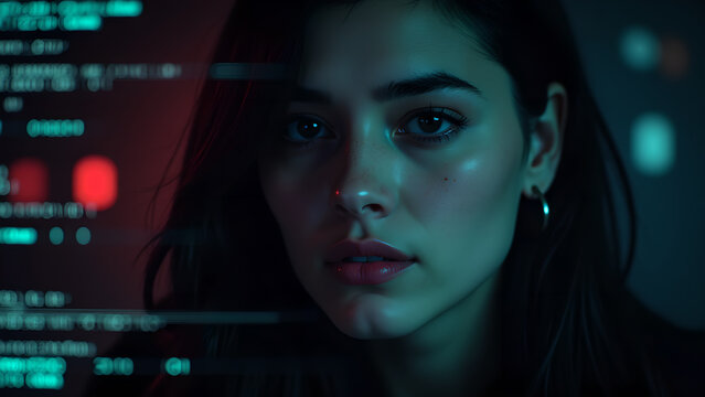 Woman with code background in the digital world