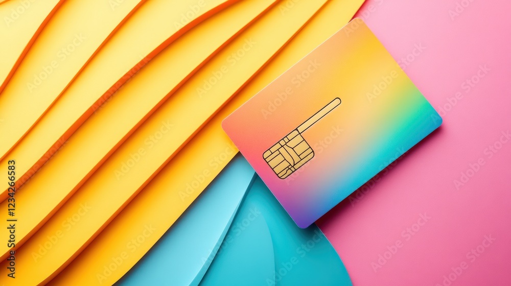 Aufkleber Abstract Composition of Colorful Waves with Credit Card on Vibrant Background