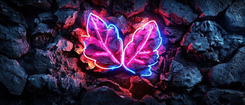 Vibrant neon leaf design illuminated against a textured stone wall, adding a modern touch to any creative project.