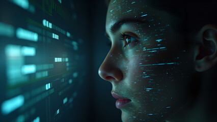 Woman looking at digital display with code overlay