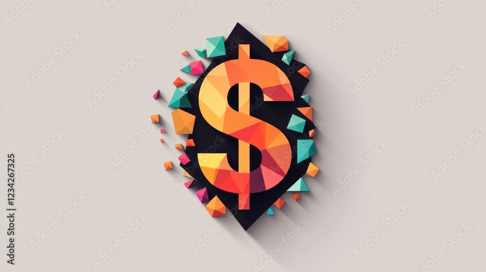 Poster colorful abstract dollar sign with geometric shapes and shadow effect