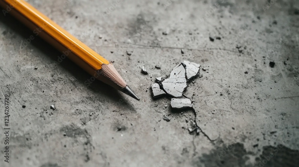 Poster close-up of broken pencil and shattered graphite on rough surface