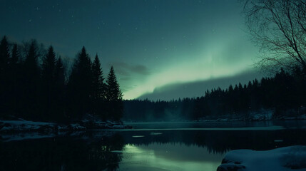Lake with vibrant green aurora reflected on calm water surface under night sky