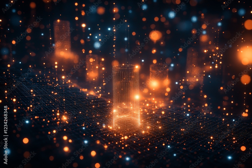 Aufkleber Abstract digital landscape featuring illuminated geometric shapes and glowing particles in a futuristic setting