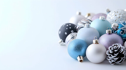 Festive blue and silver Christmas ornaments on white background, holiday decor