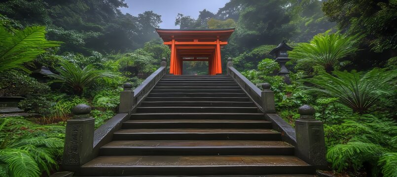 Ancient Stone Stairway Leading to Traditional Japanese Gate, Fushimi Inari Shrine, Kyoto, Japan - Powered by Adobe
