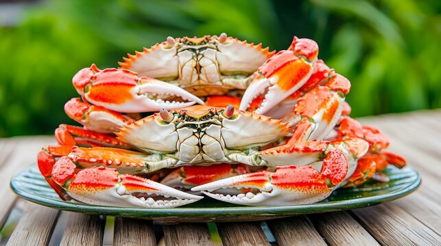 Freshly Caught Crabs Displayed on a Beautiful Green Plate