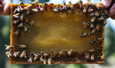 Beekeepers holding honeycomb frame filled with bees and honey