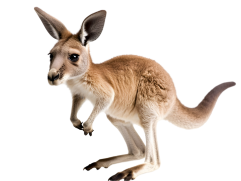 A playful baby kangaroo hopping around with its tail raised, set against a white background. Transparent background


