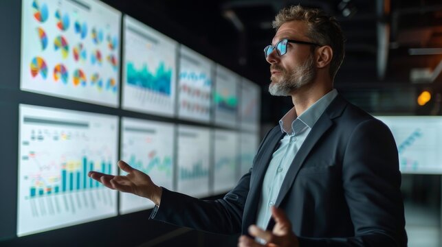 A businessman presenting a financial report analyzing big data charts with presentation skills in data driven modern workspace