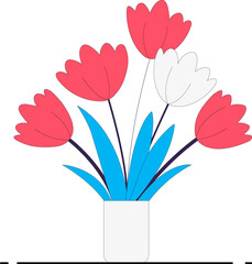 Tulips in Vase in Flat Style with Abstract Colors Spring Flowers | High Resolution, Vector Illustration, Isolated on Transparent Background