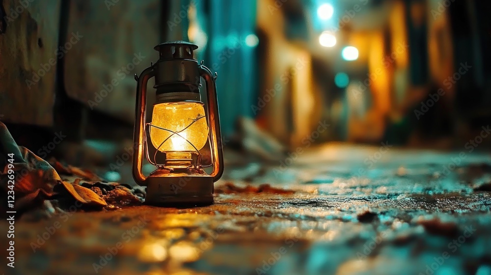 Poster vintage lantern glowing on cobblestone pathway in dimly lit urban setting