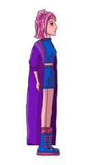Female person with pink hair in t-shirt, shorts, boots and long jacket isolated on white background. Vector illustration.
