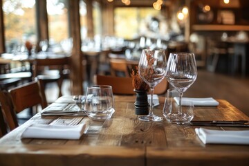 A wooden table set with wine glasses and silverware, perfect for a formal dinner or special occasion