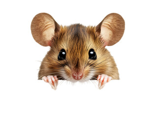 A tiny mouse with large ears and whiskers, peeking from behind a white surface. Transparent background


