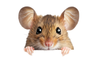 A tiny mouse with large ears and whiskers, peeking from behind a white surface. Transparent background


