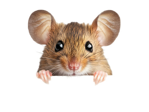 A tiny mouse with large ears and whiskers, peeking from behind a white surface. Transparent background


