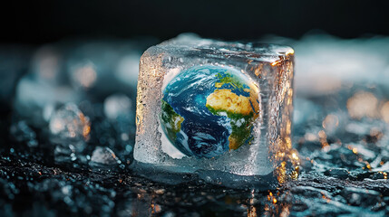 Melting ice cube with miniature Earth inside, symbolizing climate change