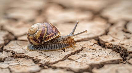 snail crawling on dried cracked earth, showcasing its slow struggle