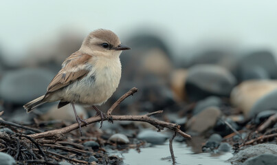 Fototapeta premium tiny bird perched on bare branch, surrounded by smooth stones