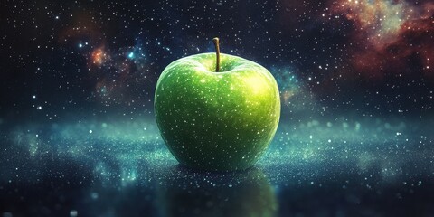 A Green Apple Against A Starry Cosmic Background
