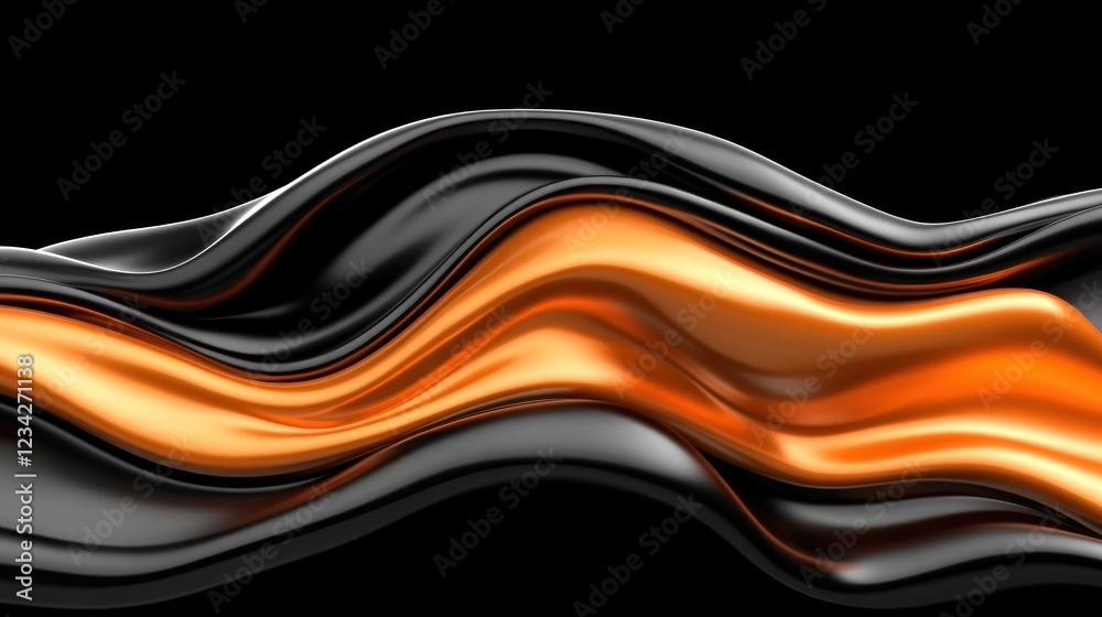 Poster Flowing Waves of Black and Orange Liquid with Smooth Textures on Dark Background