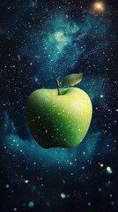 A Green Apple Floats in a Starry Cosmos