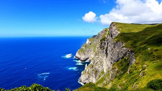 Ocean cliff vista, sunny day, lush greenery, background clouds, travel poster