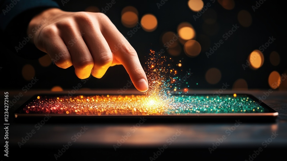 Poster Sparkling Digital Interaction with Finger Touching Glowing Particles on Screen
