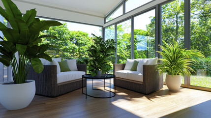 Cozy indoor seating area with plants and natural light, perfect for relaxation