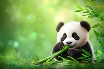 Playful panda munches on fresh bamboo in lush green forest during daylight hours