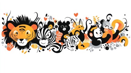 Obraz premium Happy animals group hug, jungle background, children's book illustration