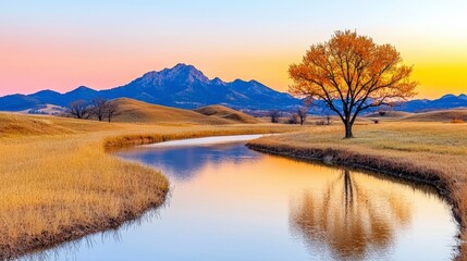 Fototapeta premium Autumn Landscape Tranquil Stream Reflecting Vibrant Tree and Mountains at Sunrise