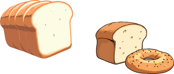 Sliced bread loaf and half loaf with sesame bagel representing bakery products
