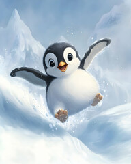 A cheerful penguin sliding on snow, embodying joy and playfulness in a winter landscape.