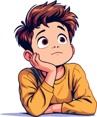 Pensive child resting chin on hand, gazing upwards in contemplation