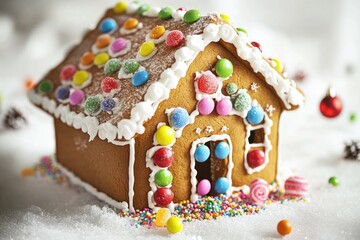 A traditional Christmas-themed gingerbread house decorated with colorful sprinkles and candies