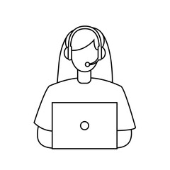 Girl working on laptop. Employee, blogger, consultant, freelancer. Vector illustration on isolated white background.