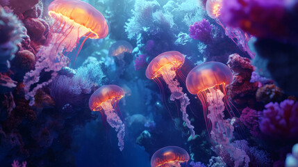 Fototapeta premium Jellyfish swimming gracefully in clear ocean water under natural light