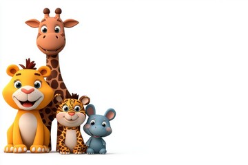 Fototapeta premium Colorful cartoon animals including a lion, giraffe, leopard, and mouse, perfect for children's stories or educational materials.
