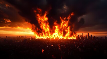 Fototapeta premium Fiery Cityscape at Sunset Intense Inferno Engulfs Urban