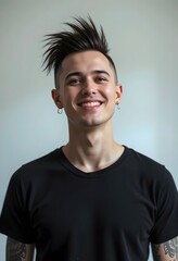 Fototapeta premium young handsome man wearing a blank black t-shirt, punk, rock, rock and rock. Suitable for t-shirt design mockup, edgy, rebellious, attitude, cool, casual, streetwear, minimalist, bold, graphic, sexy