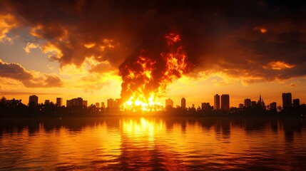 Fototapeta premium Fiery Cityscape Sunset Destruction