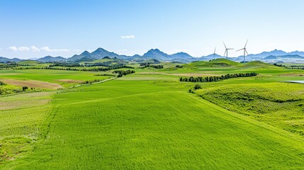 Obraz premium Bright Green Fields and Rolling Hills Under a Clear Blue Sky