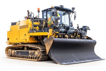 Fototapeta premium A large yellow bulldozer sitting on a white surface, ideal for use in construction or heavy machinery contexts