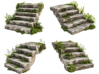 Aged Stone Stairs with Overgrown Greenery On A White Background, Transparent PNG