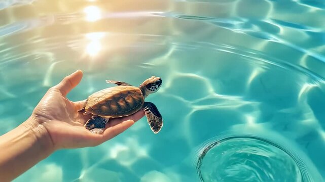 Gentle hands of a biologist carefully releasing a baby sea turtle back into its natural habitat, the ocean, creating ripples under the golden hues of sunset