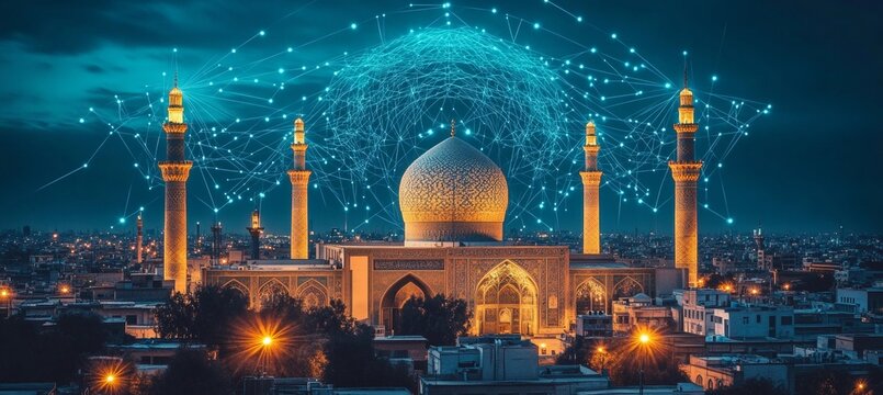Imam Reza Shrine with Blue Nodes Constellations. Mashhad, Iran. Spirituality and Modern Technology