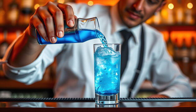 professional bartender masterly pours blue drink into smoky glass on bar counter , with white tonespng