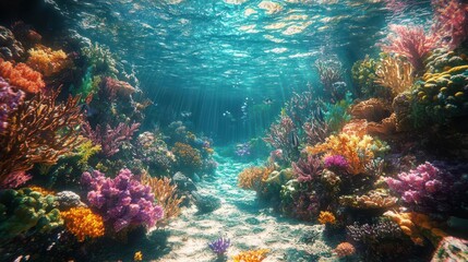 Fototapeta premium Vibrant underwater scene showcasing colorful corals, sunlight rays illuminating a serene ocean floor, perfect for nature enthusiasts.